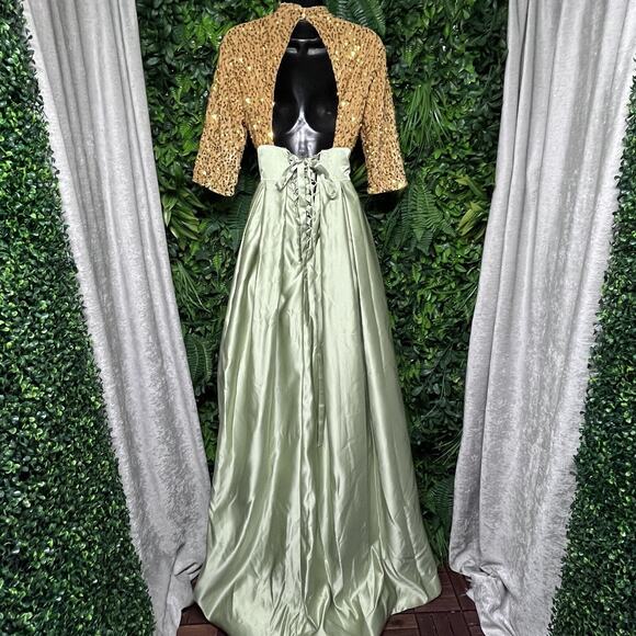 Elegant Dress Women 6 Gold Green High Neck Sequin Gown Layered Split Formal 2597 - Picture 7 of 9